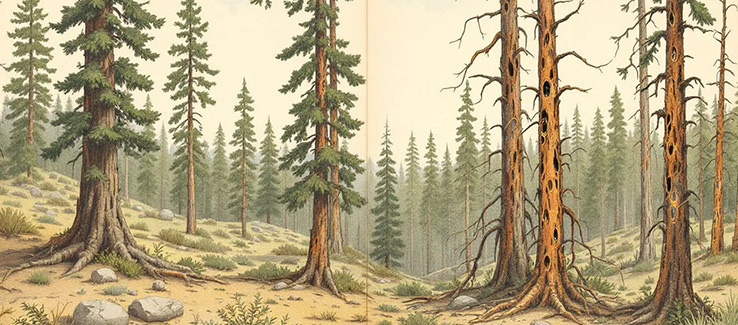 forestry landscape with both healthy and diseased trees