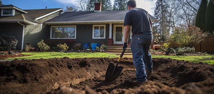 how to level ground after tree removal, with a person using a shovel to remove soil