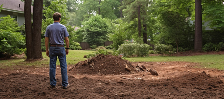 person assessing the site after tree removal, with wood chips and tree remnants on the ground