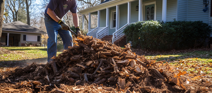 person clearing debris and tree remnants from the ground after tree removal