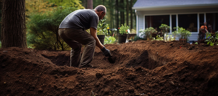 person filling a hole with topsoil and organic material